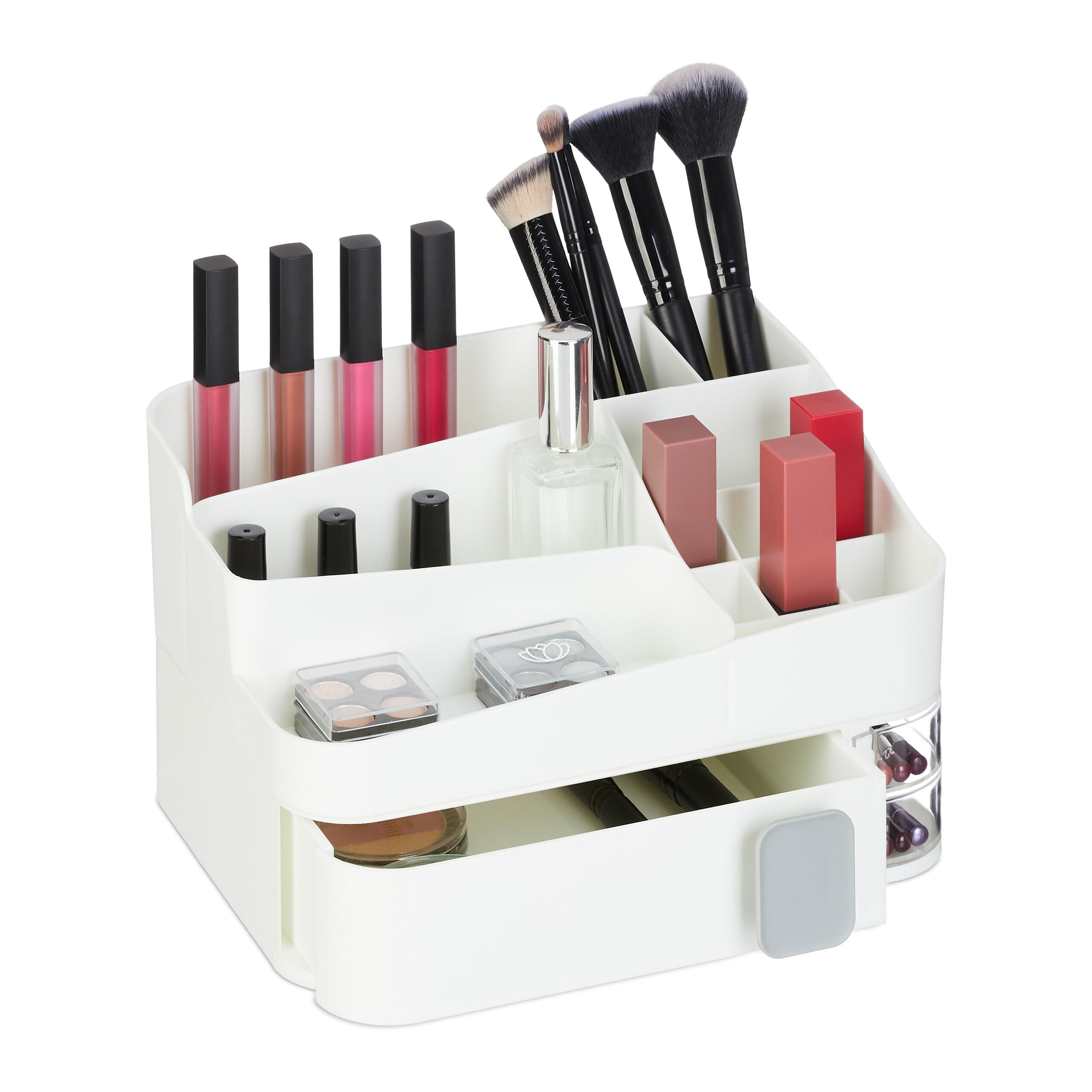 Relaxdays Organizer per Trucchi, Organizzatore Make Up con 18 Scomparti Cosmetici, in Plastica, 15 x 26 x 21 cm, Bianco
