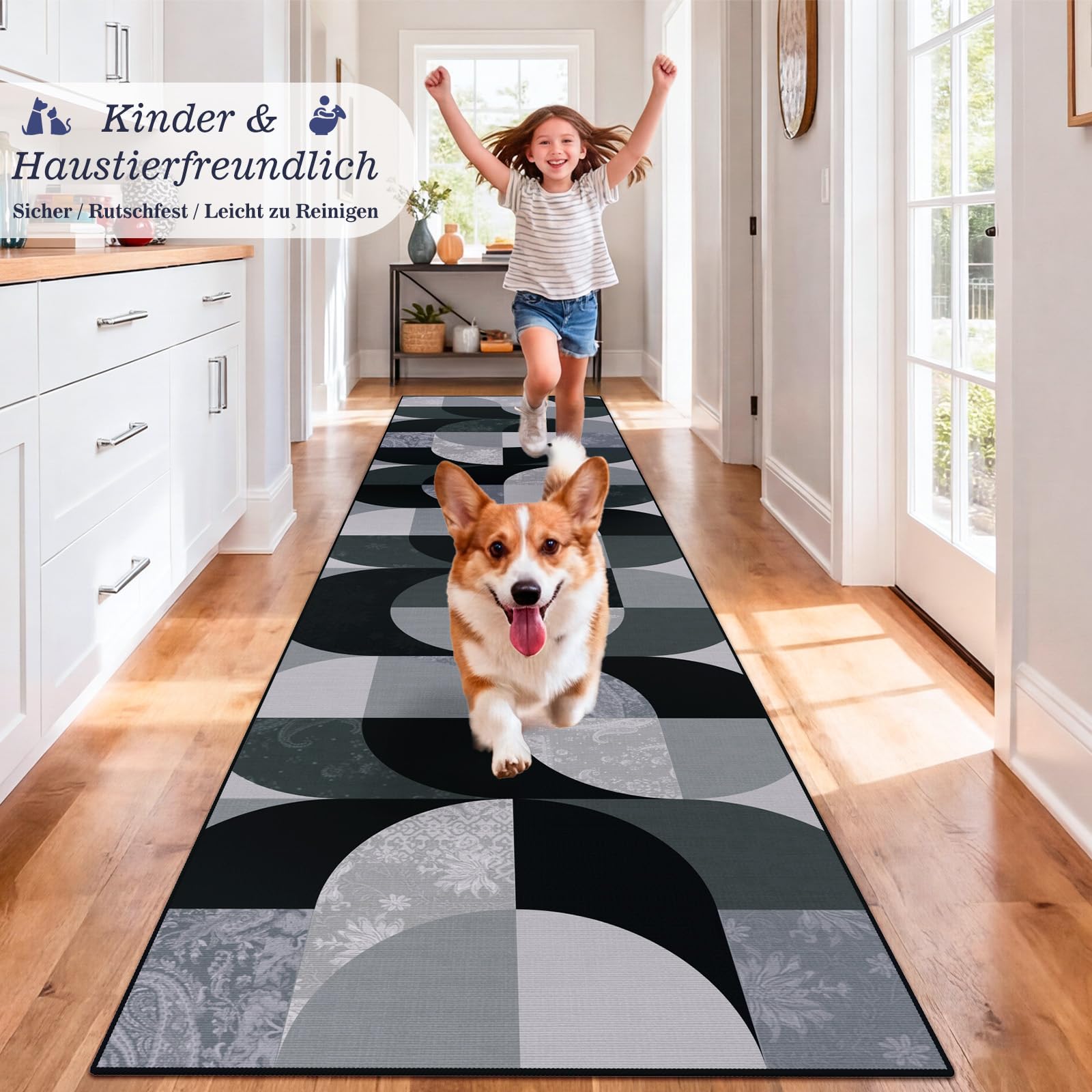 Boho Teppich Läufer Flur 80x300 cm, Schwarz Waschbar Küchenteppich, Geometrischer rutschfester Flurläufer Lang, Weicher Kurzflor Küchenläufer für Eingänge Schlafzimmer Wohnzimmer Korridor Küche