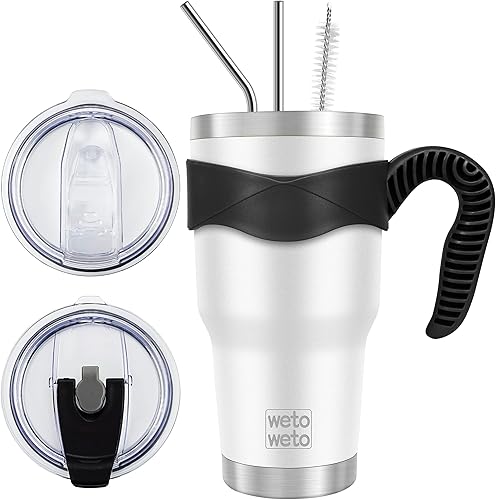 WETOWETO Vaso de acero inoxidable de 30 onzas, vaso de café aislado con 2 tapas y 2 popotes, taza de café de viaje de doble pared para bebidas frías