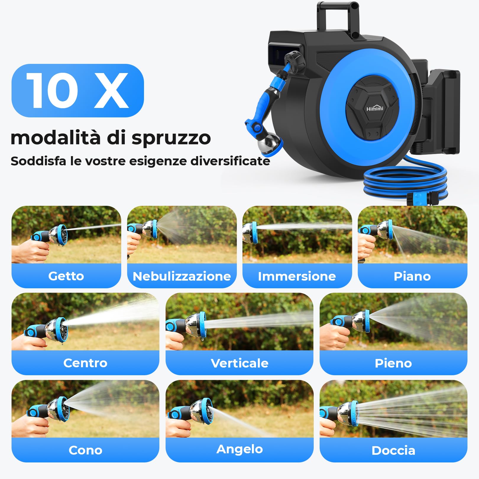 Himimi Avvolgitubo Giardino Ritraibile 30+2m Parete Automatico, Avvolgitubo Auto-Rewind con Pistola Spray 10 Funzioni, Girevole 180° per Pulizia & Irrigazione Esterna | retrattile, montaggio a parete, avvolgimento automatico