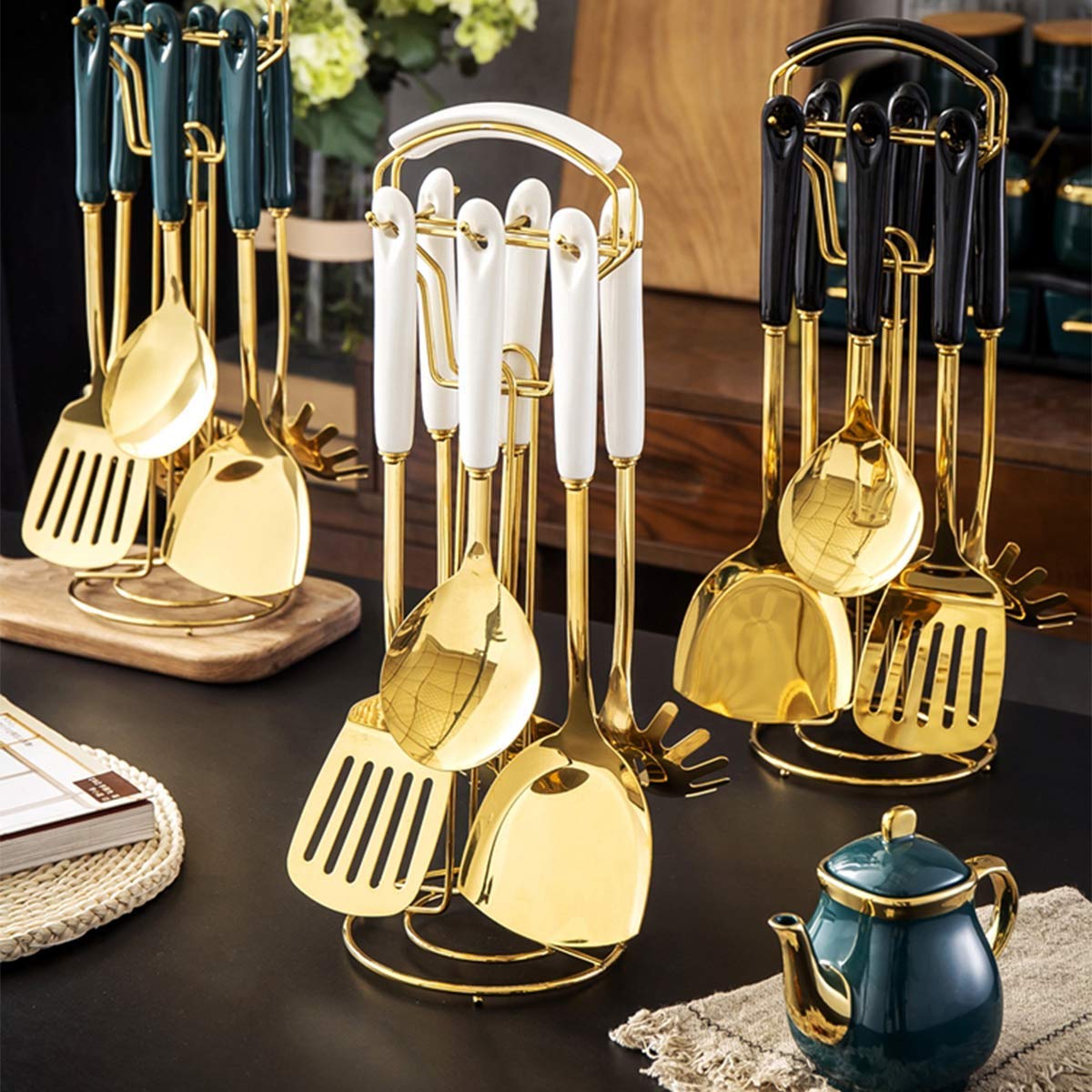 Küchenhelfer-Set 304 Edelstahl 7-teilig Gold Breite Spatel Suppenkelle Sieb Schlitzspatel Spaghetti Server Reislöffel Grün (Weiß)