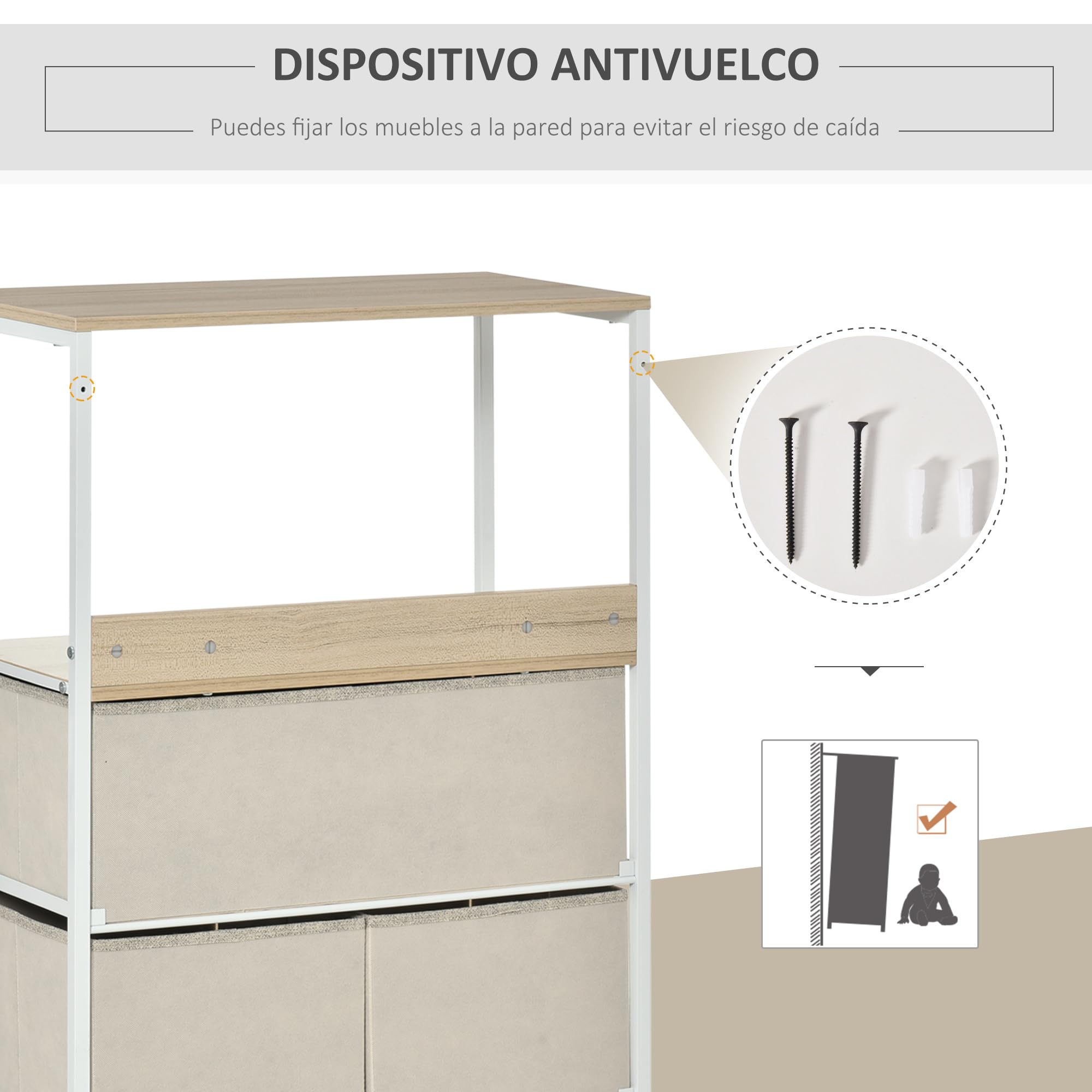 HOMCOM Cómoda con 4 Cajones Cajonera de Tela Compartimento Abierto Gris | Estructura Metálico, Dormitorio, Pasillo
