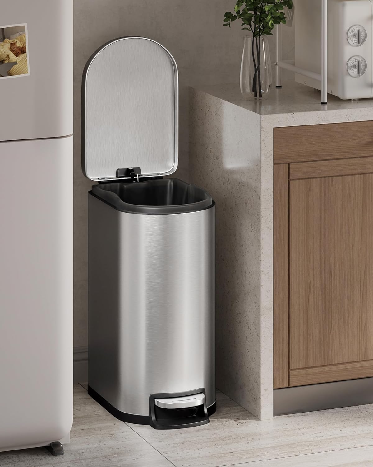 Garvee 13 gal / 50 L Stainless Steel Kitchen Trash Can with Lid, Slim Rustproof Garbage Can, Large Step-on Metal Trash Bin with Inner Bucket, Rear Handle, Soft Close Lid, Silver