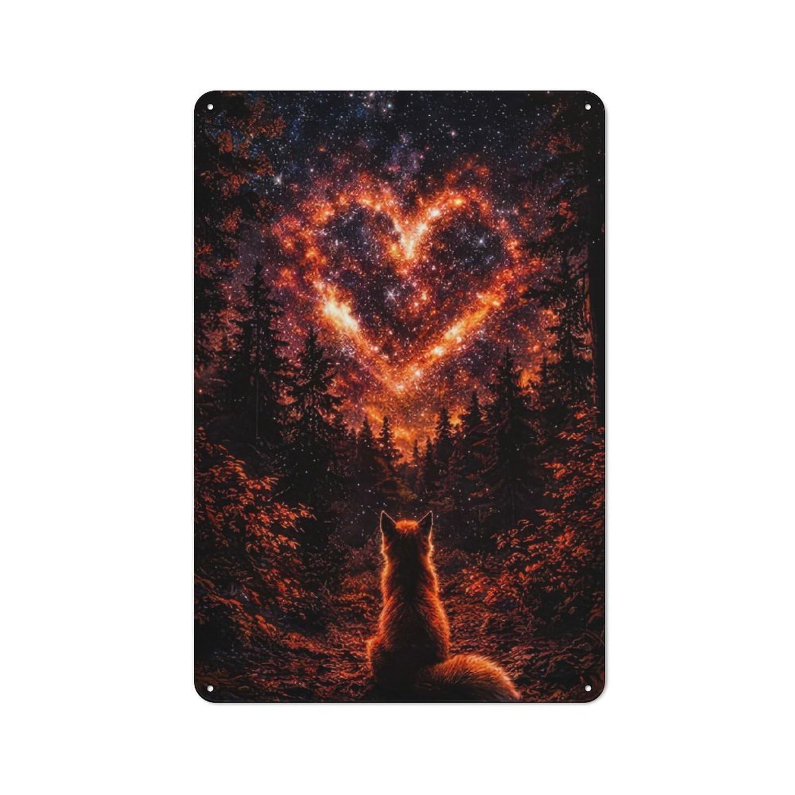 Junmoney Style-11 Tin Wall Plaque 30X20cm With Fox Gazing At Starry Heart In Forest For Garage Wall, For People Furnishing A Garage, For Retro Home Interiors