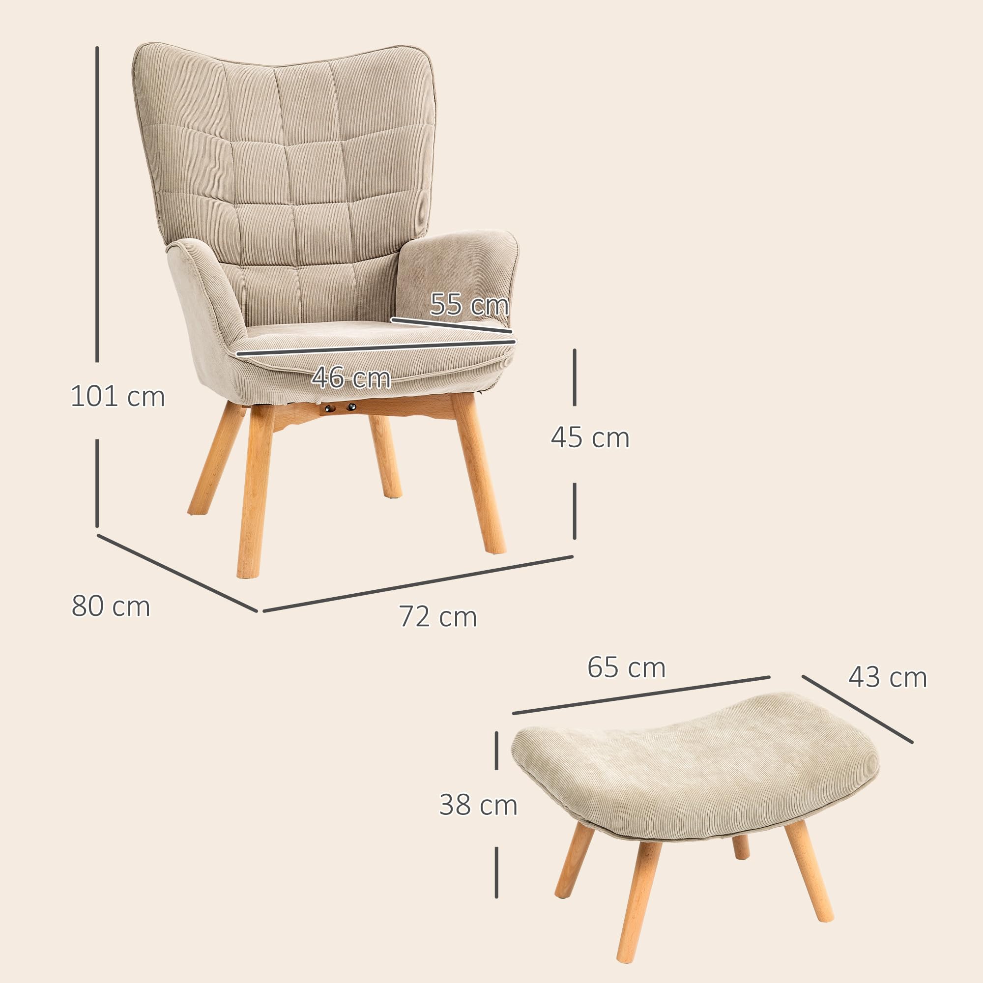 HOMCOM Poltrona con Poggiapiedi Coordinato Stile Contemporaneo, Poltroncina da Salotto in Tessuto Effetto Velluto con Gambe in Legno di Faggio per Salotto e Soggiorno, 72x80x101 cm, Marrone Chiaro