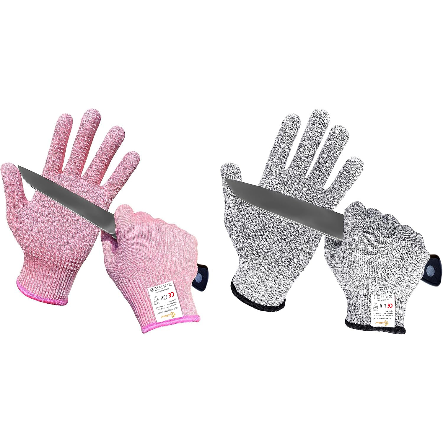 Evridwear Cutting Gloves Level 5 Cut Resistant, Food Safe Gloves with Non-Slip Grip for Kitchen, Meat Cutting & Mandoline Use, 2 Pairs (M, Pink+Gray)