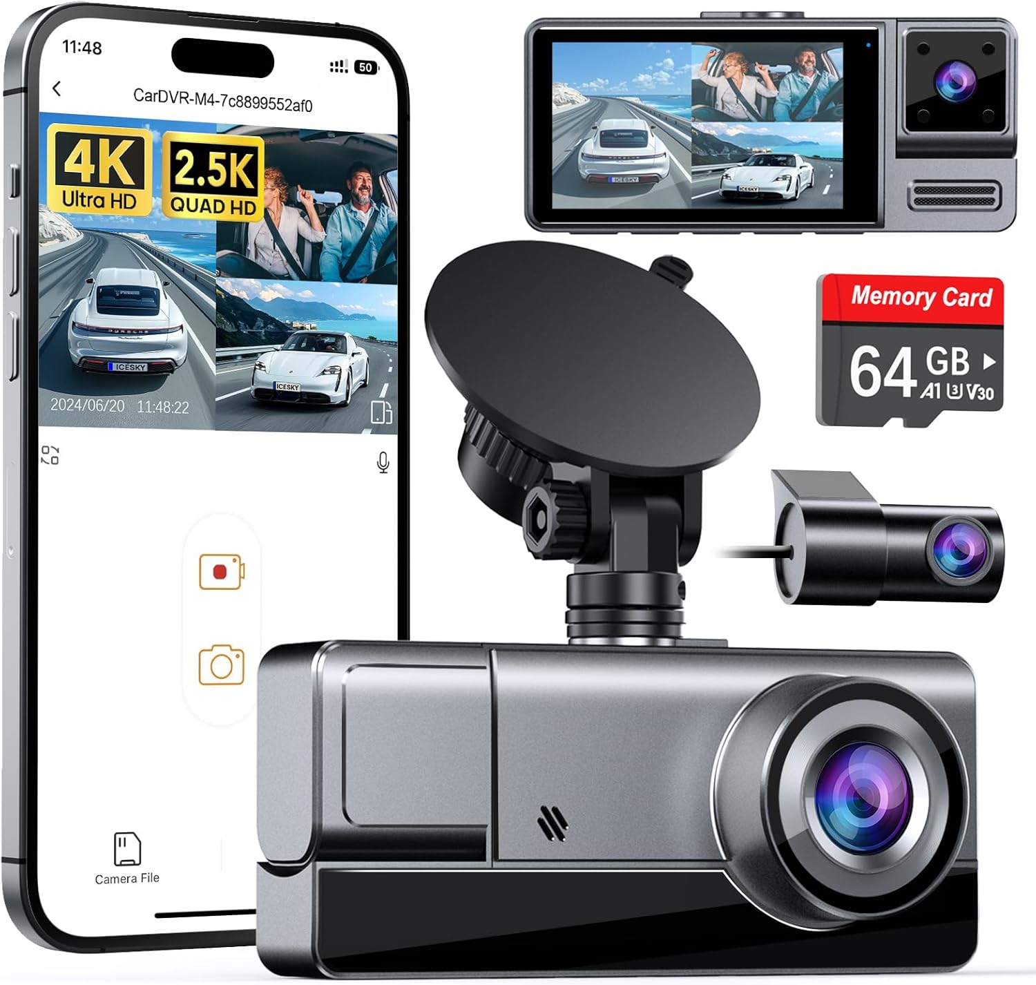 Icesky 3 Channel WiFi Dash Cam with 64GB Card, 4K+1080P Dash Cam Front and Rear, 4K+1080P Front Inside Car Camera, 2.5K+1080P+1080P Three Way Dash Camera for Cars, 24H Parking Mode, 256GB Max Support Icesky 3 Channel WiFi Dash Cam with 64GB Card, 4K+1080P Dash Cam Front and Rear, 4K+1080P Front Inside Car Camera, 2.5K+1080P+1080P Three Way Dash Camera for Cars, 24H Parking Mode, 256GB Max Support