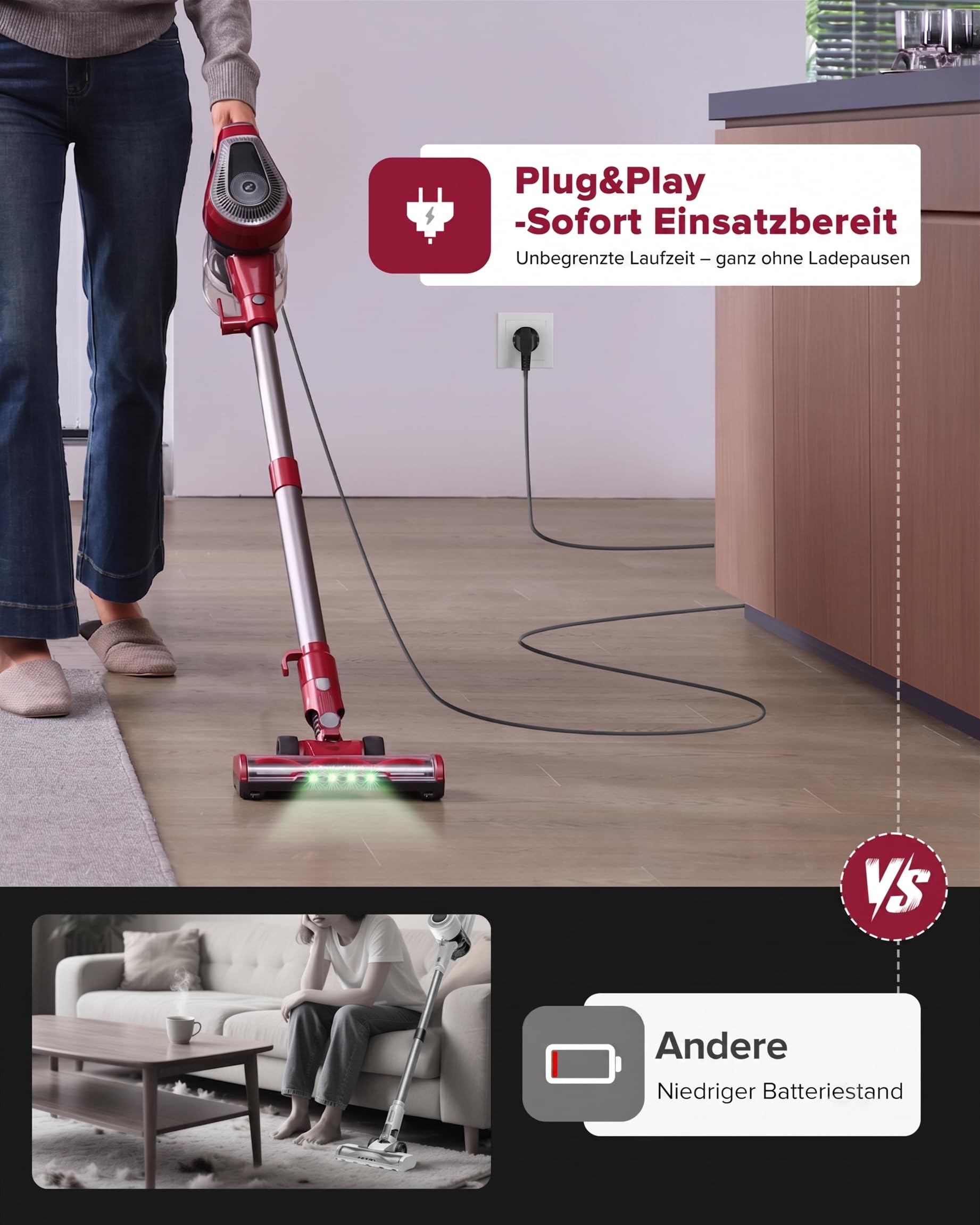 Vexilar C8 Staubsauger mit Kabel, 60KPa & 600W Starke konstante Saugkraft, Staubsauger beutellos, 7m Kabel, Selbststehend, Anti-Tangle-Bürste, Handstaubsauger für Tierhaare, Fugen & Hartböden