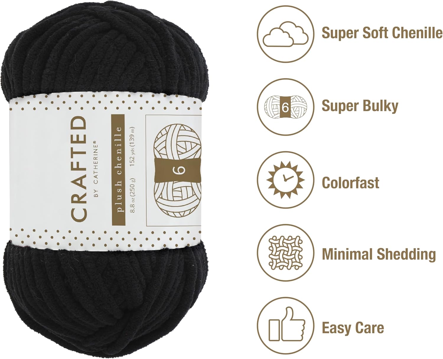 Crafted by Catherine Plush Chenille Yarn for Knitting, Crocheting and Amigurumi - 2 Pack (8.8 oz / 250g, 152 Yards Each Skein), Black, Gauge 6 Super Bulky