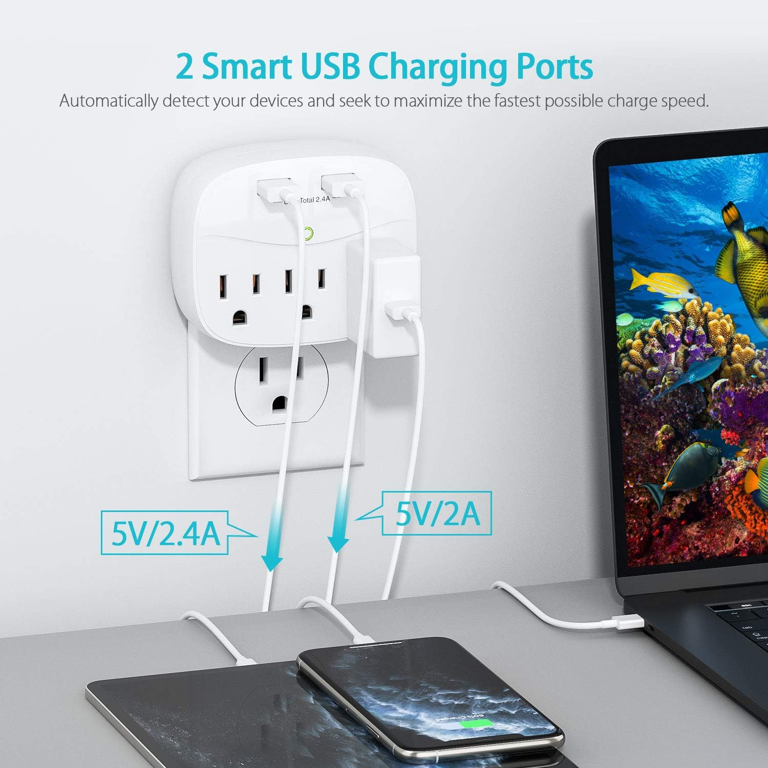 2 Pack Multi Plug Outlet Extender, LETMY Wall Surge Protector with 2 USB Wall Charger, 600 Joules, Compact USB Outlet Splitter Wall Mount Adapter for Home, School, Office