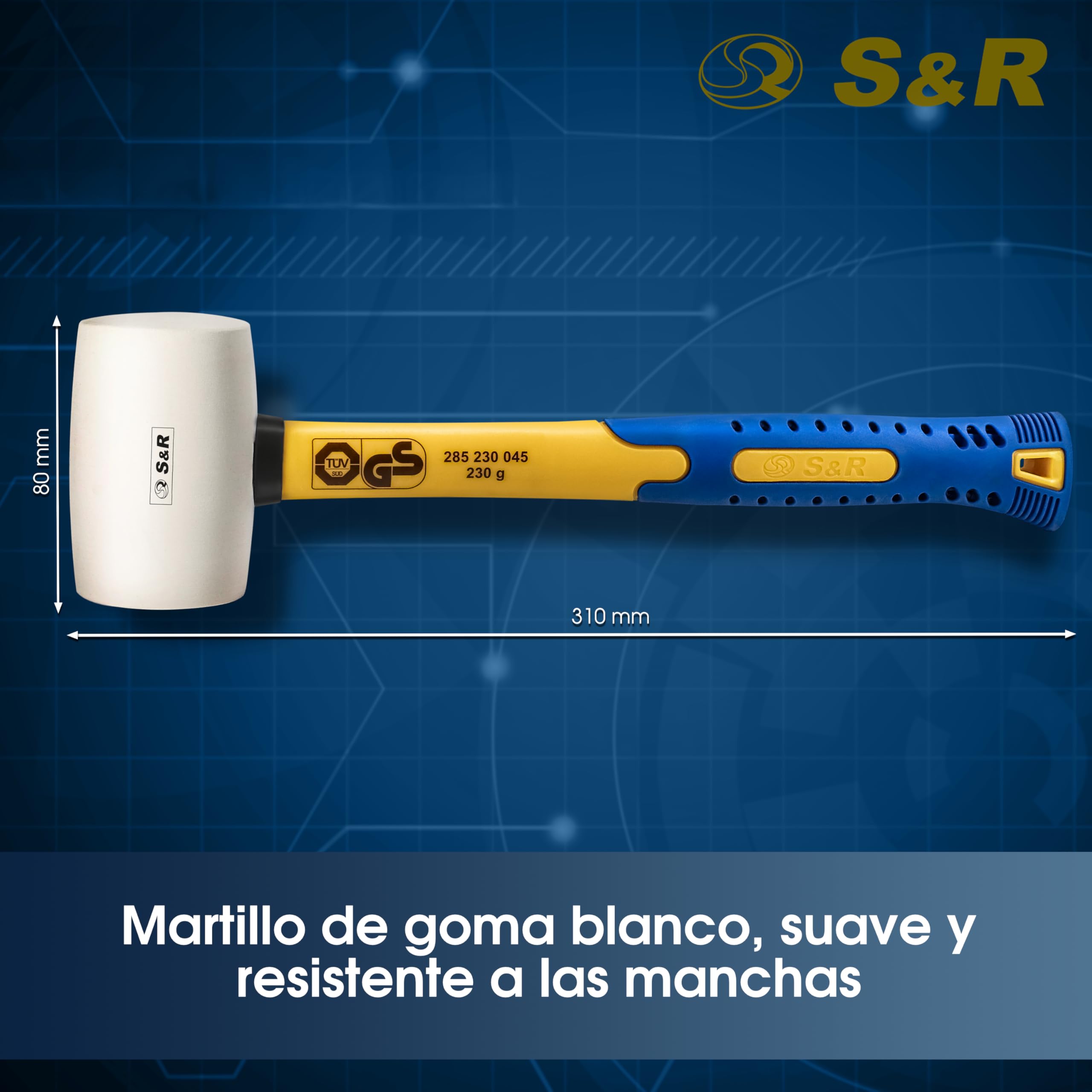 S&R Martillo Goma | Martillo de Goma | Mazo de Goma | Maza albanil Blanco 910g / 75mm | Mazo azulejos, camping, encofrador