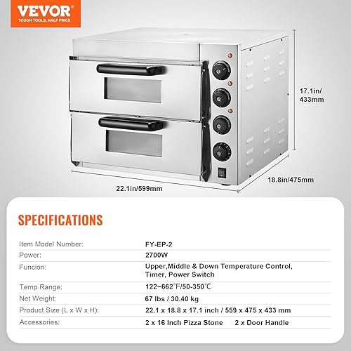 Miniatura 7 de VEVOR Horno de pizza comercial, doble capa de cubierta de 16 pulgadas, horno eléctrico de pizza de acero inoxidable con piedra y asa, multiuso para