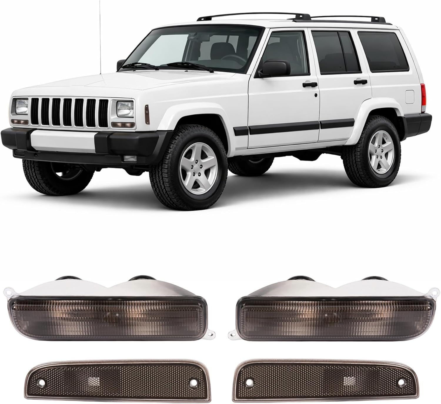 HECASA Signal & Corner Lights Compatible with 1997-2001 Jeep Cherokee XJ Front Bumper Light Left & Right Smoke Lens Chrome Housing Replacement for CH2550118 CH2551118 55055147 55055146