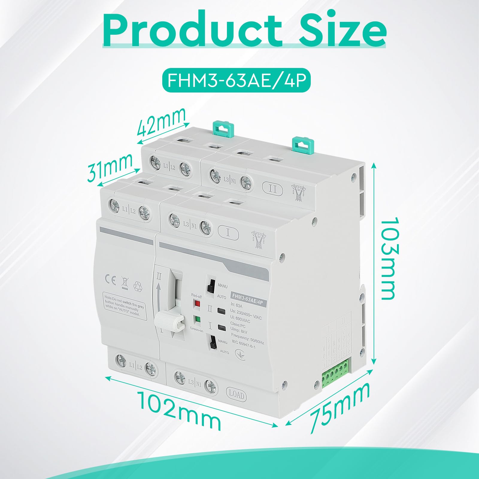 CPROSP Automatischer Transferschalter DIN 220V 63A 4P, Notstromschalter Transferschalter/Lastumschalter 4polig, Dual Netzteil DIN-Schienen-Umschalter
