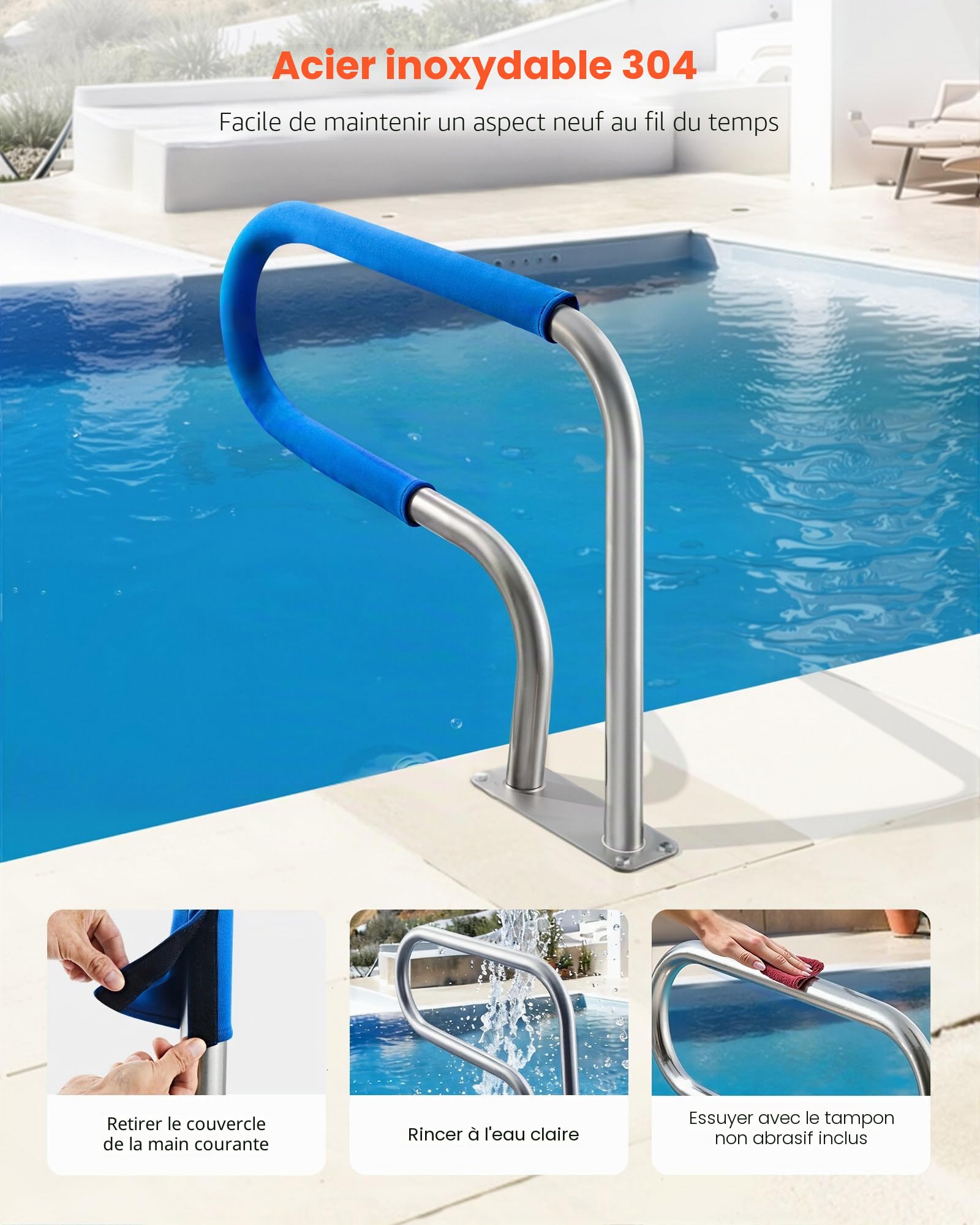 VEVOR Rail de piscine 30x22 Garde-corps de piscine en acier inoxydable 304, 250LBS Main courante de piscine, humanisée avec couvercle de poignée bleu et mèche M8 et vis autotaraudeuses