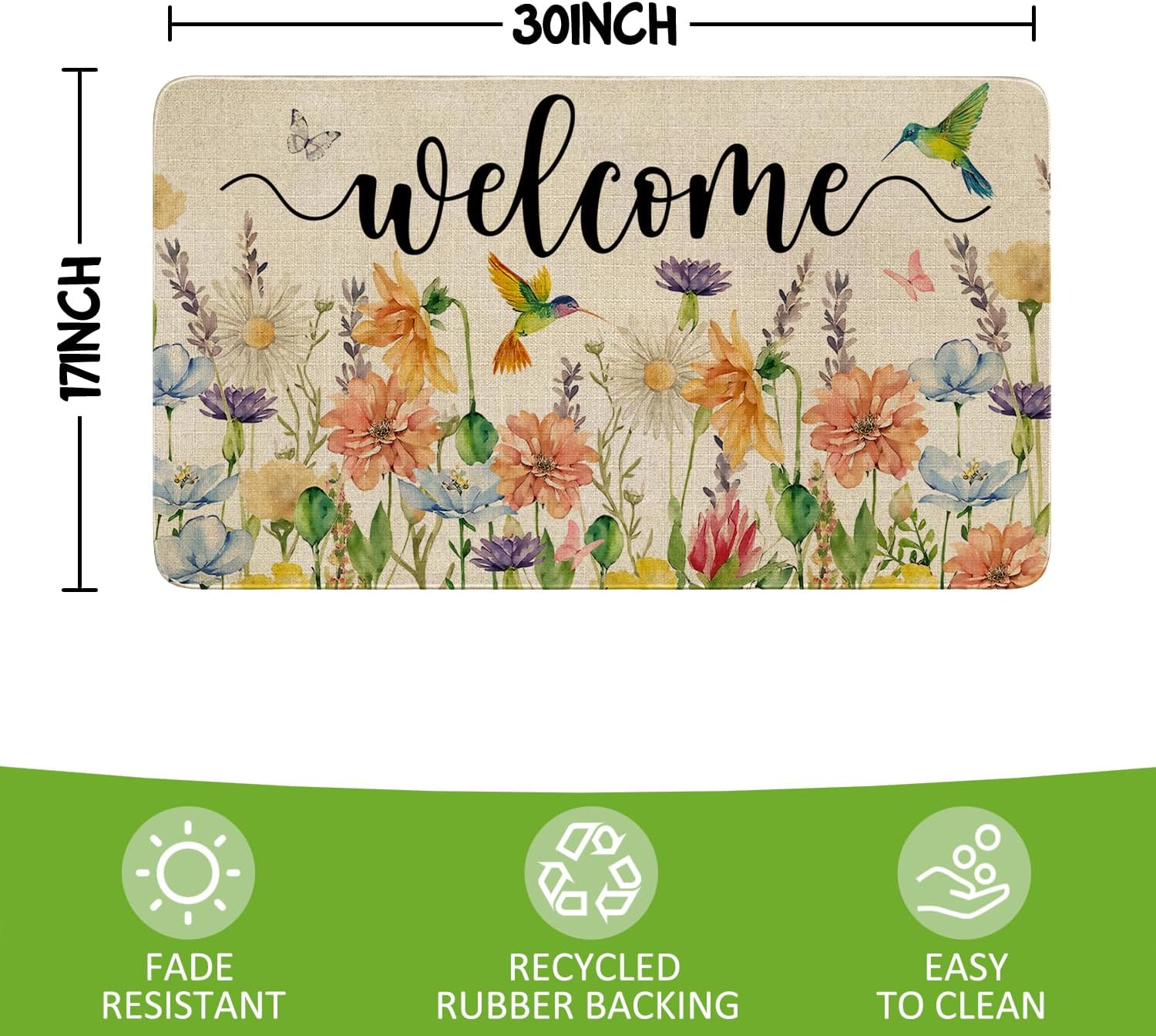 Spring Summer Door Mat,Hummingbird Flowers Floral Cute Indoor Outdoor Non-Slip Doormat with Bird,Entryway Front Porch Farmhouse Welcome Rugs Colorful for Entrance Decor 30" x 17"