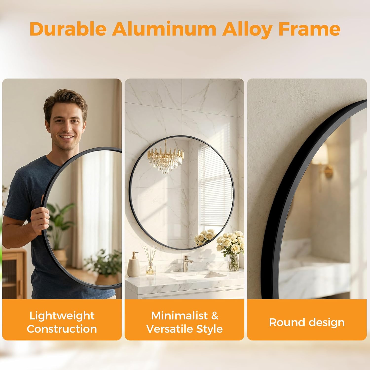 OLIXIS Bathroom Round Mirror for Over Sink, 20 Inch Wall Circle Mirror with Matte Metal Framed, Modern Wall Mount Vanity Mirror for Home Decor, Living Room, Bedroom, Black