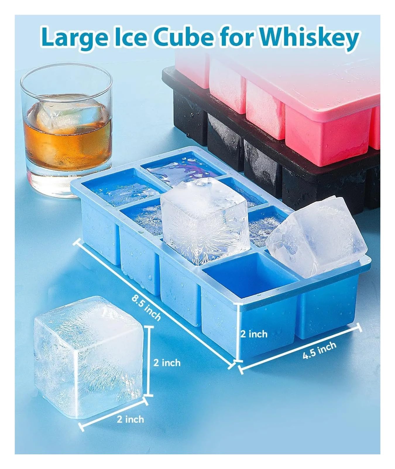 EiswüRfelform Große Eiswürfelform im 2er-Pack, 5,1 cm große Silikonformen for Whiskey-Cocktails, große quadratische Tabletts mit Deckel, auslaufsicher, stapelbar for den Gefrierschrank