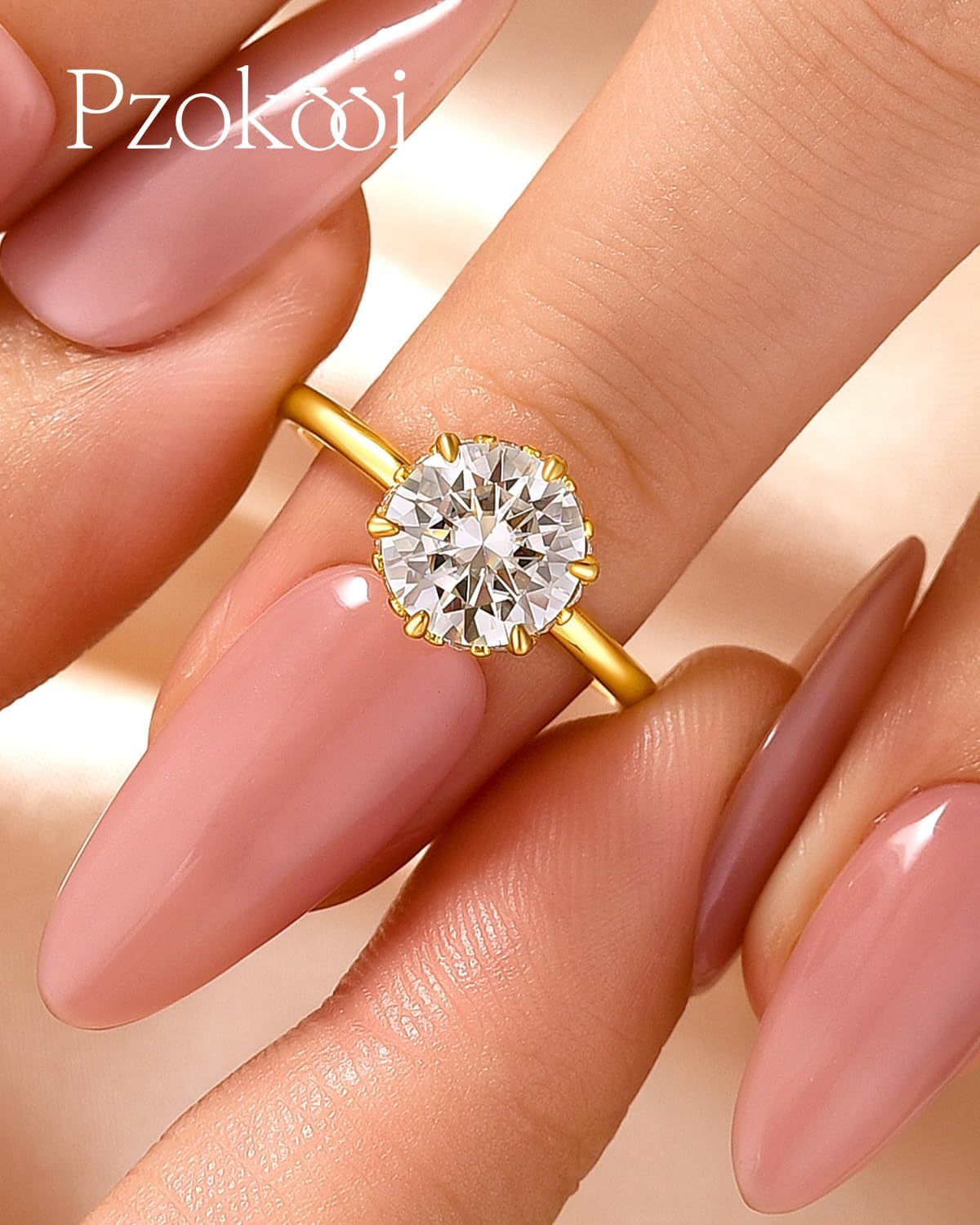 2.0CT Tulip Setting Moissanite Engagement Ring for Women,18K Yellow Gold Plated 925 Sterling Silver Solitaire Wedding Ring,D Color VVS1 Clarity Round Brilliant Cut Promise Ring