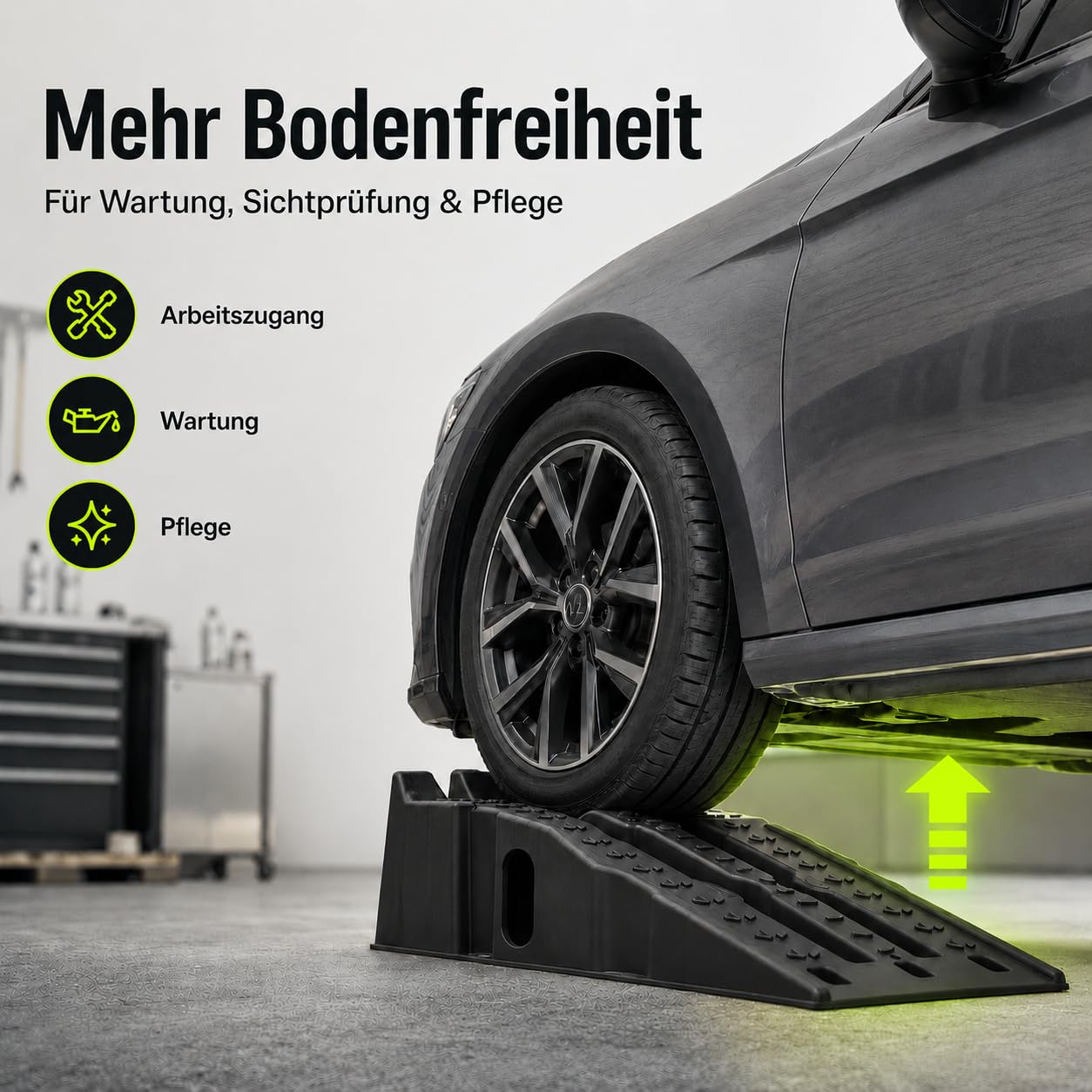 Auffahrrampe 2er Set, Fahrzeugrampe max. 5000 kg | 90,5 x 30,5 x 21,6 cm | mit Radstopper, Gummifüßen, Trageöffnungen & profilierter Auffahrfläche | Autorampe, KFZ Rampe für Werkstatt, Garage