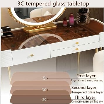 White Makeup Vanity Desk with Mirror and Lights Large Vanity DressingTable Set with Drawer Makeup Table with Glass Top Makeup Vanity Mirror with Soft Cushioned Stool for Bedroom Makeup Room