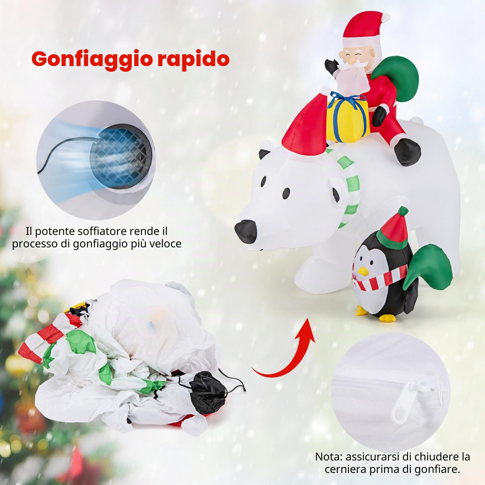 GYMAX Inflatable Natalizio di 210 CM, Orso Polare Gonfiabile con Testa Che Si Agita, Babbo Natale e Pinguino, Decorazione Natalizia Illuminata con Luci LED per Interni ed Esterni, con sacchi d'acqua