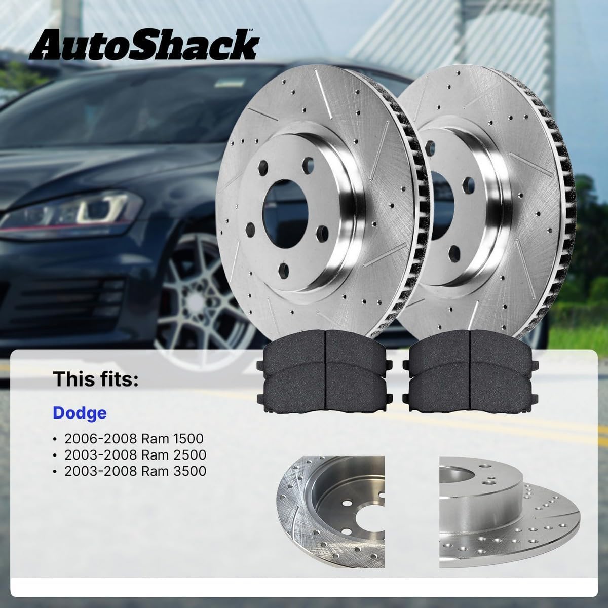 AutoShack Front & Rear Brake Rotors & Ceramic Pads for Dodge, Ram 2500 2003-2008, 4WD RWD L6 5.9L 6.7L V8 5.7L V10 8.0L - Silver Zinc Coated Drilled & Slotted - SilverShield Pro