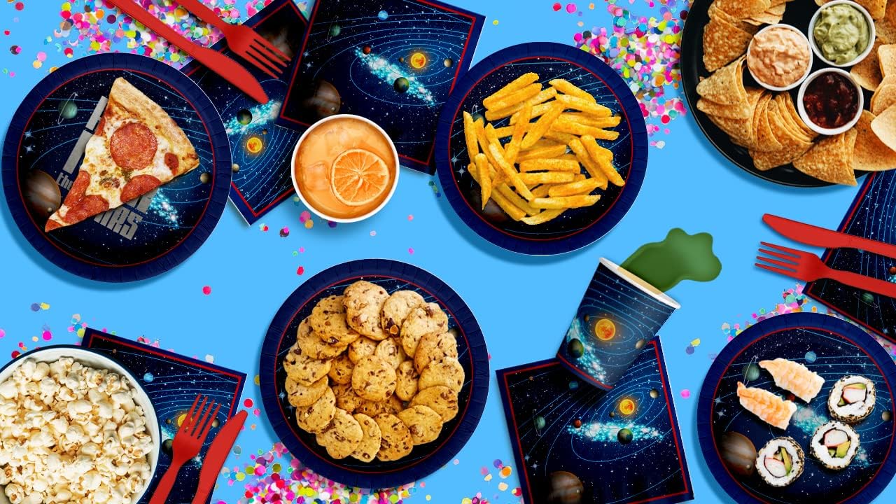 Reach Four The Stars Space Fourth Birthday Party Supplies - 64 Piece Boys 4th Birthday Tableware Set Includes Large 9" Dinner Plates and 7" Dessert Paper Plates Napkins Cups - Kit for 16