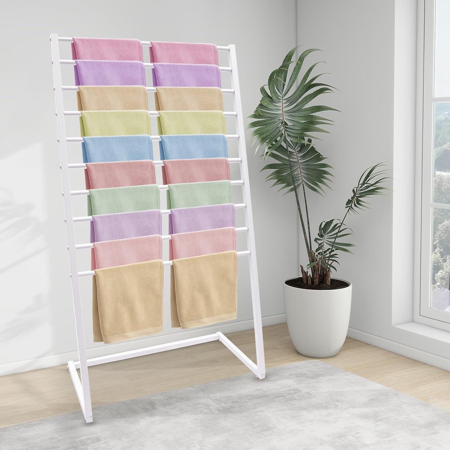 Scarf Display Stand, 10 Tier Metal Scarf Holder Organizer, Hijab Stand Rack, Ties Belt Pants Hanging Racks, Freestanding Display Scarf Rack for Commercial Clothing Retail Store, White