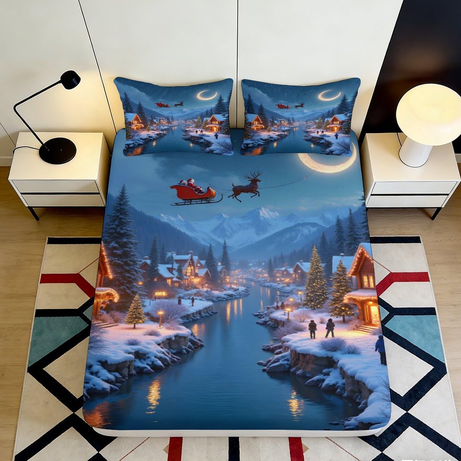 Pnayamiorkfel Style-8 3D Printed Christmas Village Fitted Sheet Microfiber Winter Santa Sleigh Bed Cover For Bedroom Guest Room Decor 90X200x25cm