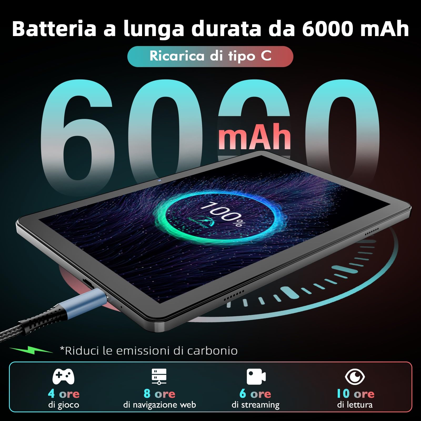 Rebecco Tablet 10 Pollici, Tablet Android 15 Gemini AI, 18GB RAM + 128GB ROM + 1TB TF, Octa-Core, Schermo Touch IPS HD 1280x800, Batteria 6000mAh, Widevine L1, WiFi 5G & BT 5.0, Doppia Fotocamera Z70