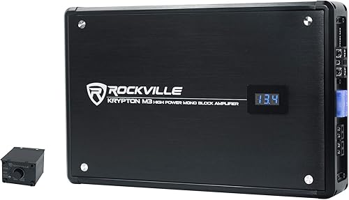 Rockville Krypton M3 - Amplificador de coche mono de 4000 W, RMS certificado por Dyno, pantalla de voltaje, control remoto de graves, indicador de