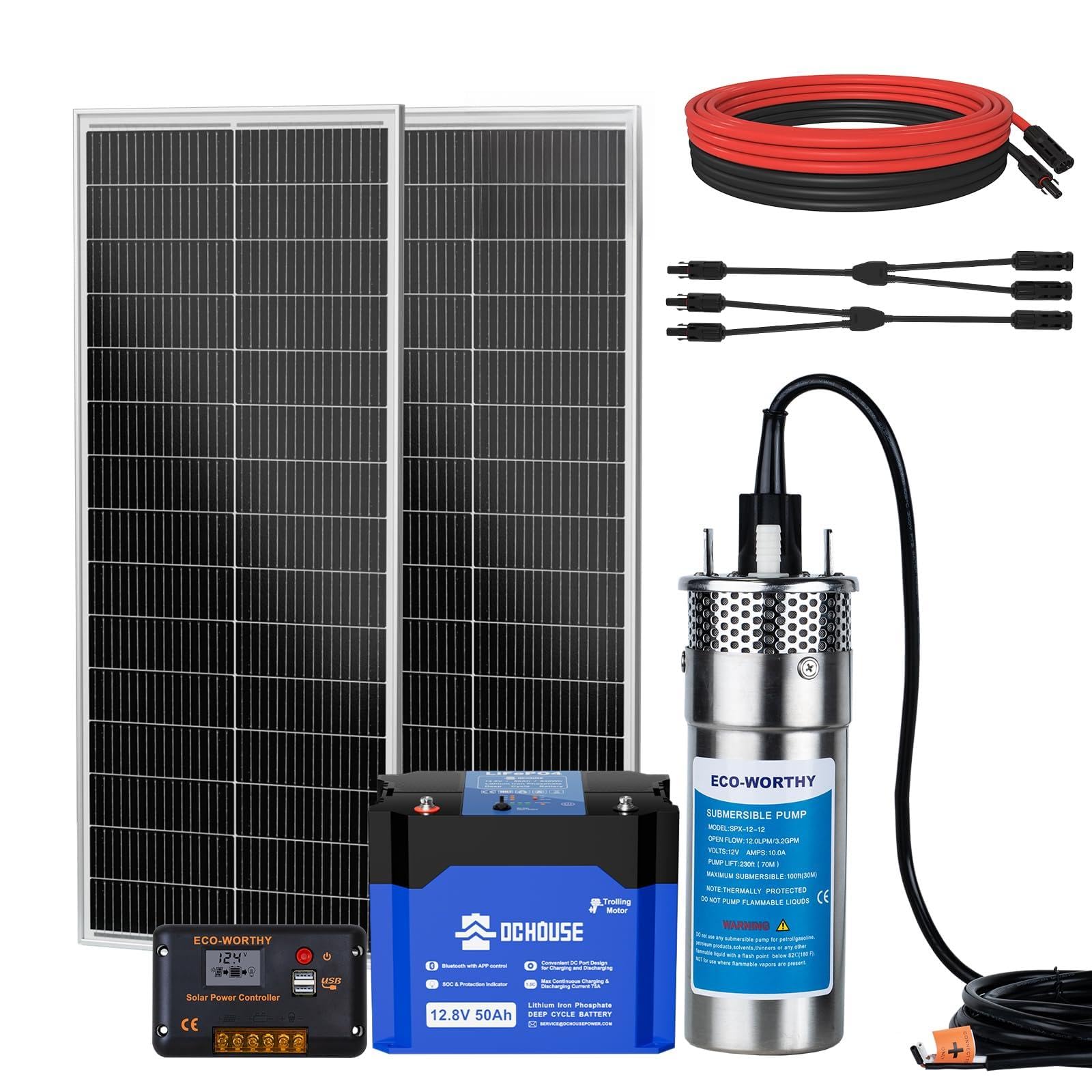DCHOUSE Set di pompe dell'acqua a energia solare, 12V DC, pompa sommergibile con 2 pannelli solari mono da 120 W, batteria da 30Ah e controller da 20A, per fontane, stagno, casa, fattoria, acciaio