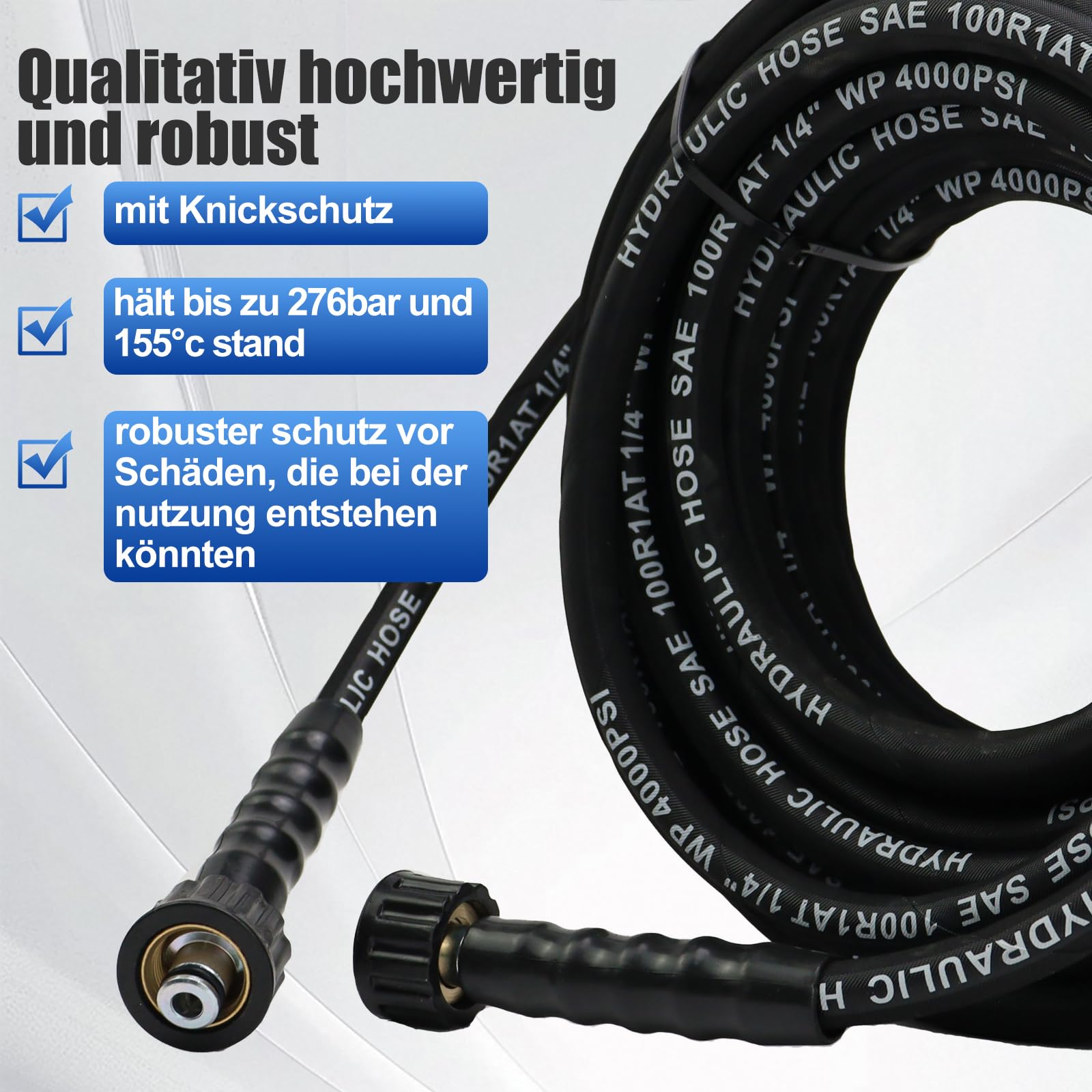 20 m Hochdruckreiniger Schlauch M22 x 1,5, 276 bar Hochdruckreiniger Verlängerungsschlauch, Gummischlauch mit Stahlgeflecht, knickfester Hochdruck-Ersatzschlauch mit M22x1,5 mm männlicher Verbinder