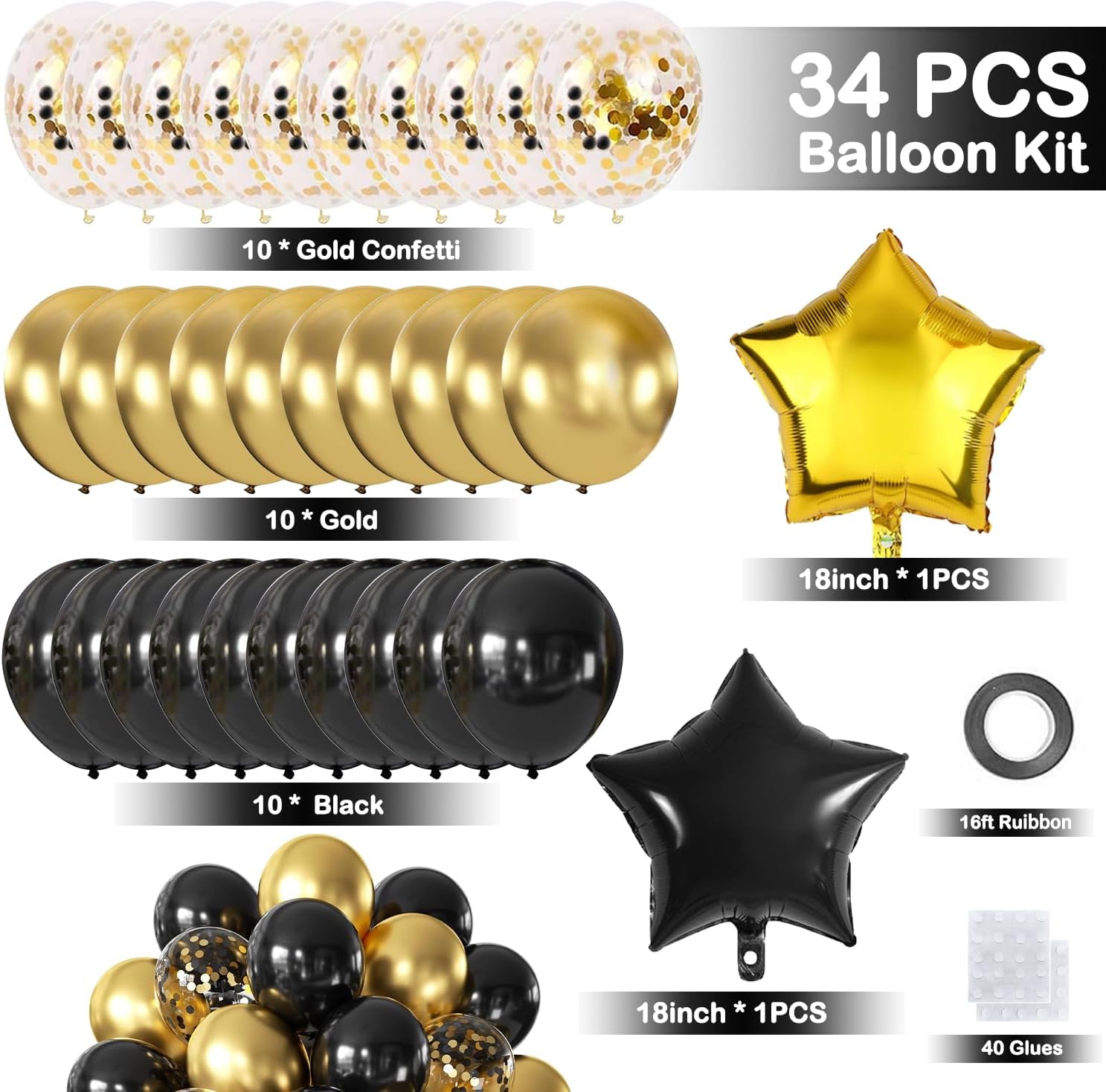 Gold Black Birthday Decorations, Happy Birthday Banner, Backdrop, Balloons, Honeycomb Balls, Star Foil Balloons, Stars Hanging Swirls & Cake Topper for Baby Boys Girl Men Women Birthday Decoration - Image 3