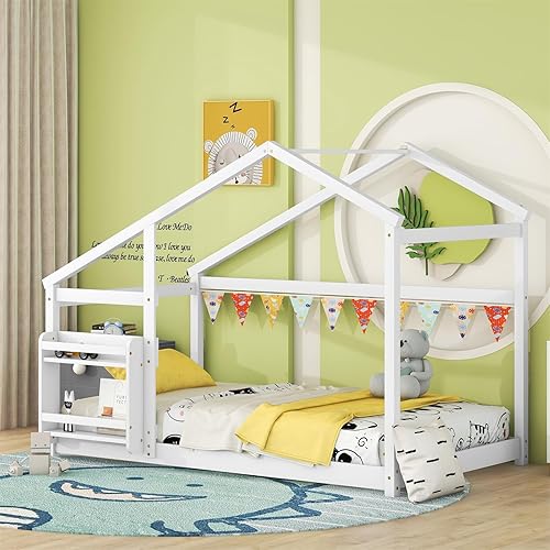 Miniatura 1 de TRIPLE TREE Montessori - Cama individual, cama de madera con estante y listones, marco de cama para niñas y niños, gris
