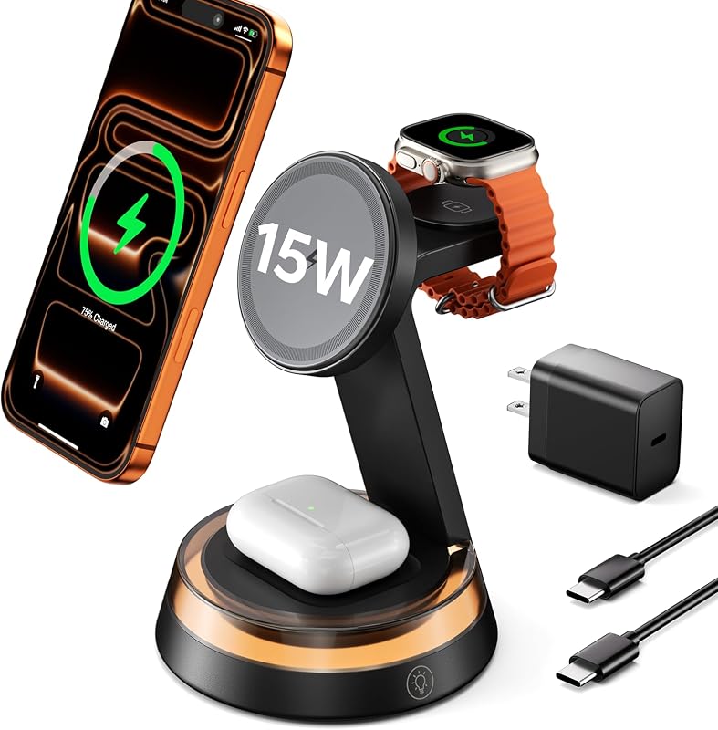 Estación de carga de mesita de noche 3 en 1 para iPhone para MagSafe, soporte de cargador inalámbrico rápido de 15 W con luz nocturna para escritorio, base de carga para iPhone 17 16 15 13 12 / Apple Watch/AirPods, con adaptador de 30 W