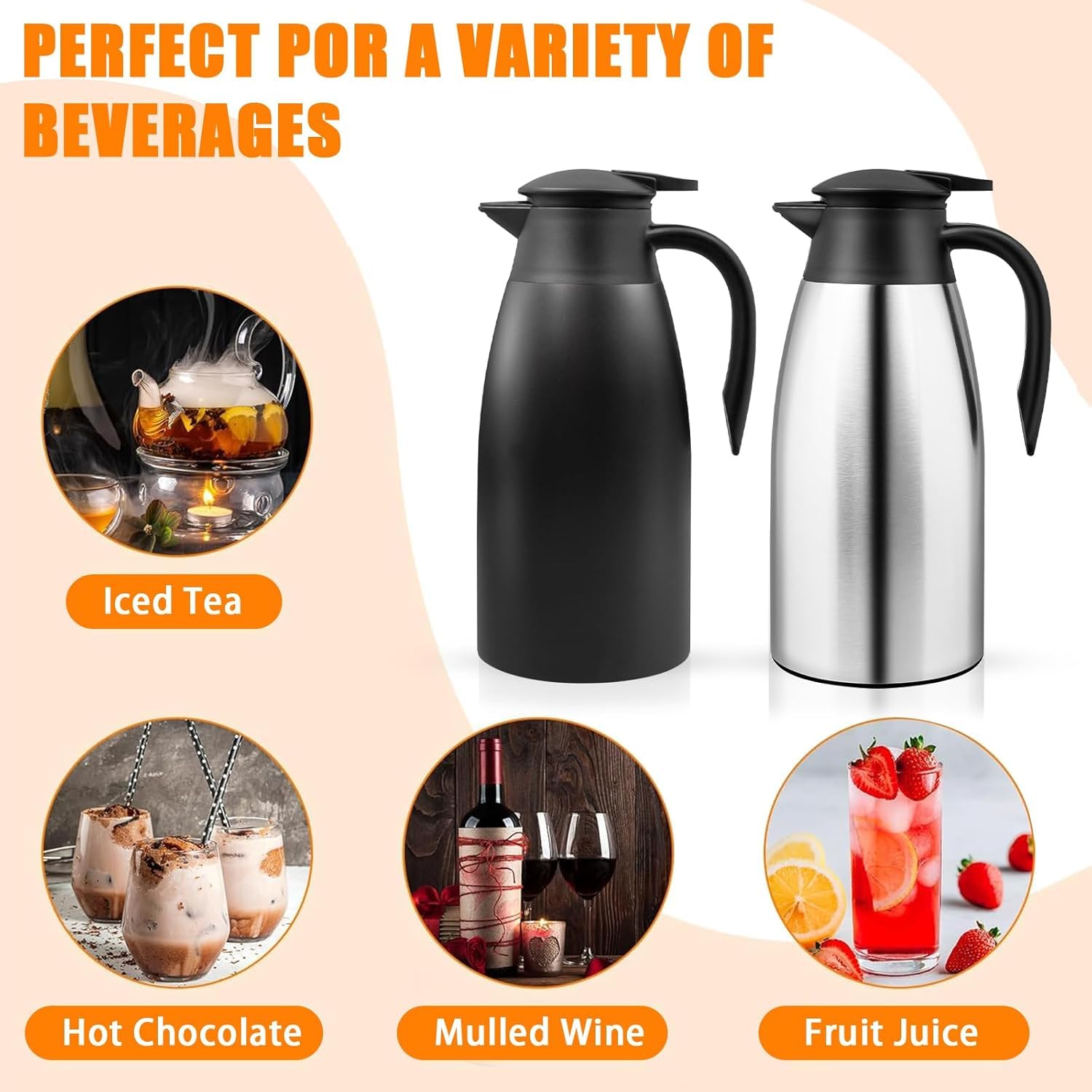 2 jarras térmicas de 2 litros, jarra térmica de acero inoxidable 304 aislada, 24 horas de aislamiento térmico, para café, té, agua, bebidas, termo (plata, negro)