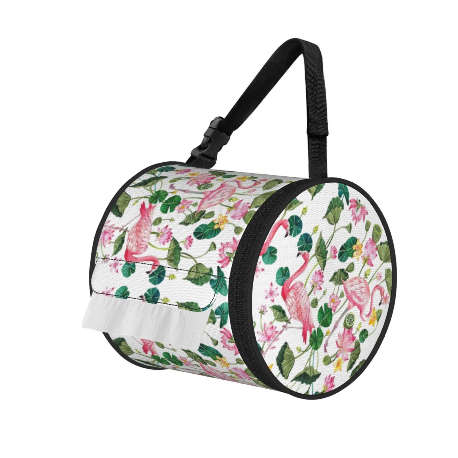 Flamingo Bird Round Leaves Print Cylinder Tissue Holder Bag With Strap, Portable Roll Dispenser Case For Car Rv Camping