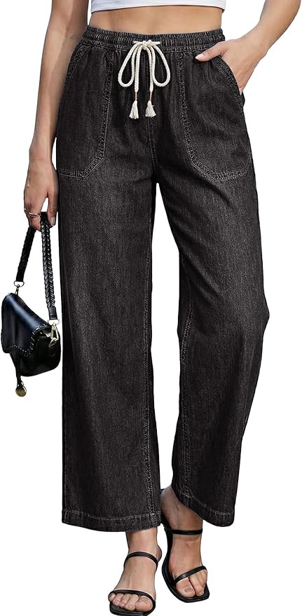luvamia Wide Leg Jeans for Women Trendy High Waisted Pull On Elastic Waist Drawstring Ankle Length Denim Trouser Pants
