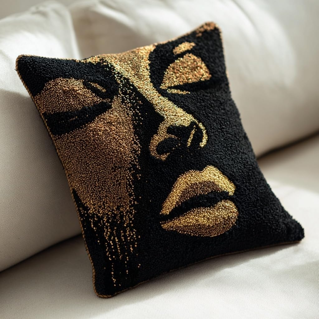 Latch Hook Pillow Kit African Woman Lips in Black and Golden with Pre-Printed Pillow Cover DIY Pillowcase Crochet Yarn Hooking Craft Set for Hobby and Home Decor 43x43cm-4