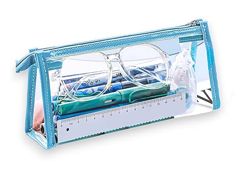 GLUN® Transparent Stationary Pouch with Zipper Closing for Girls & Boys, Organizer for School, Collage, Office, Cute Cosmetic Bag for Women, Multi-Purpose Pouch, Blue Color