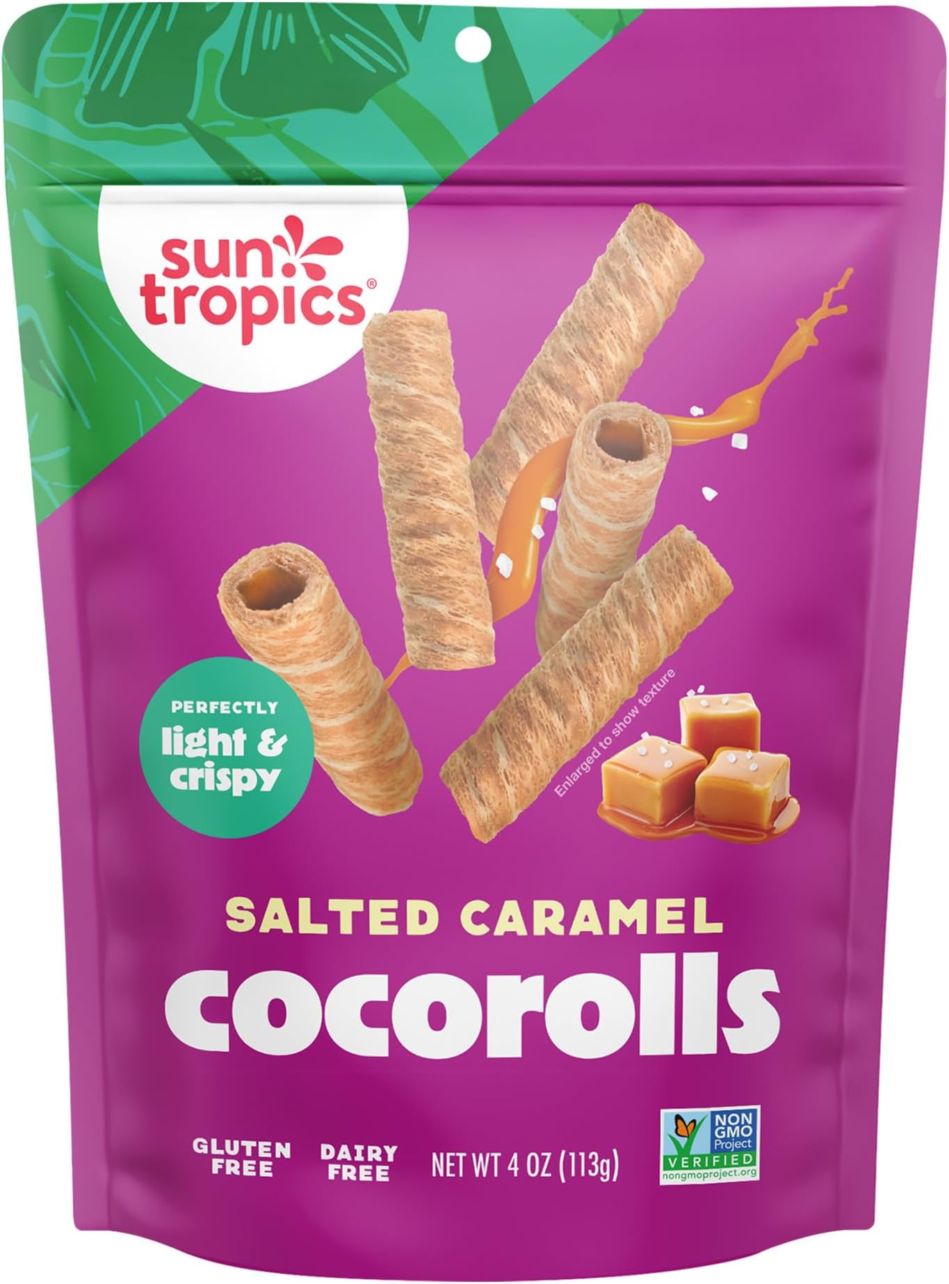 Sun Tropics CocoRolls Salted Caramel Flavor 4 oz | Crisp Rolled Wafer Cookies, Coconut Rolls Made With Pure Coconut Cream | Gluten Free & Dairy Free Coconut Wafer Snack