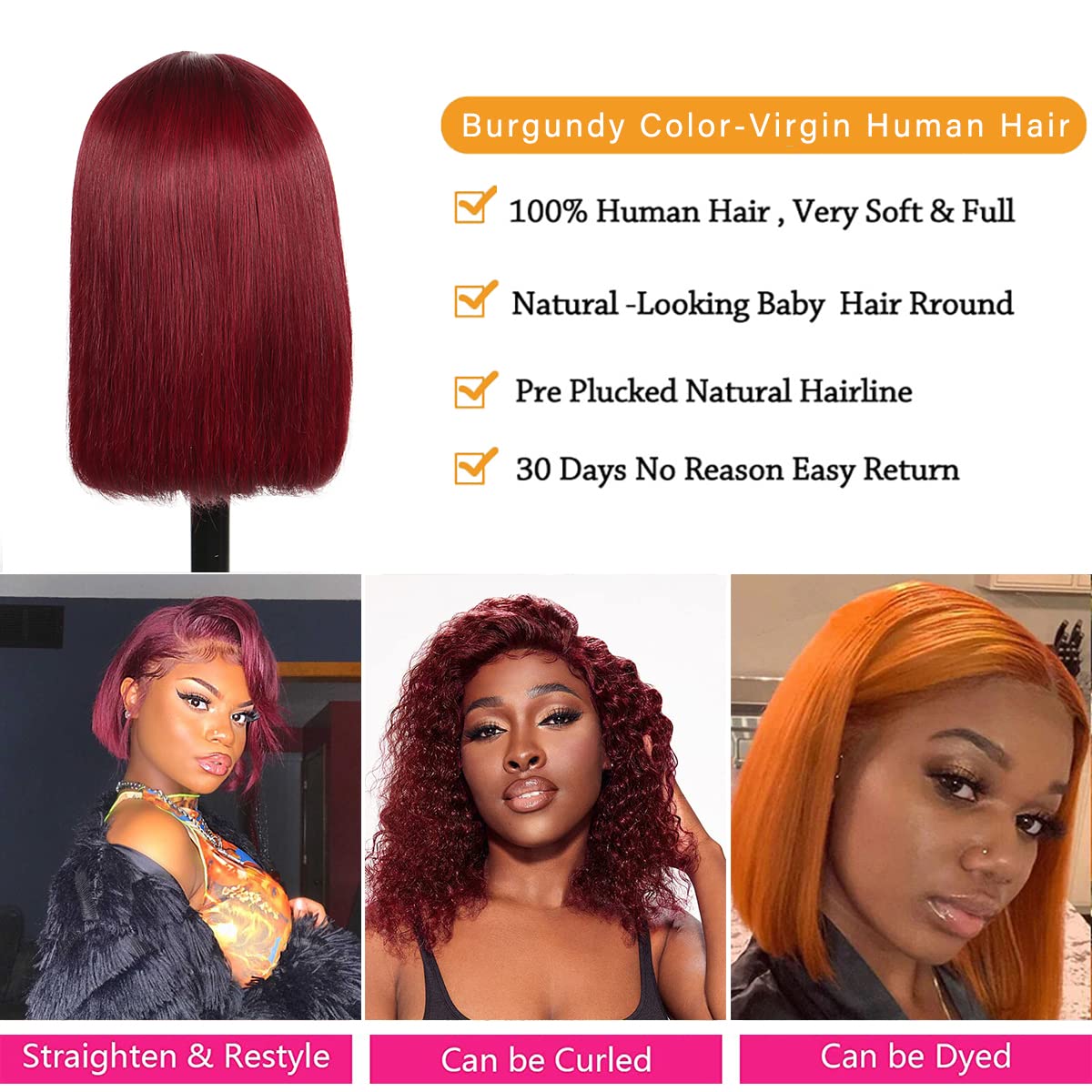 Burgundy Lace Front Bob Wig - 14 Inch, 13x4, 99J, Brazilian Straight, Pre-Plucked with Baby Hair, 150% Density