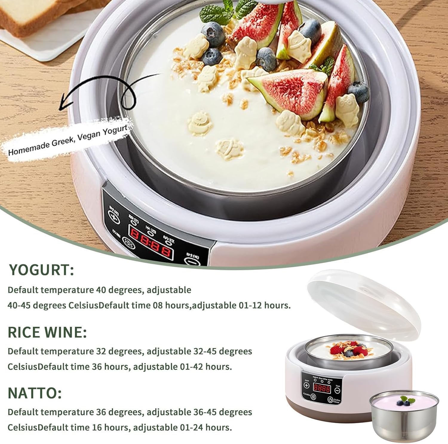 Yogurt Maker Machine 36 Hours with Temperature Control and Timer, 1.2L Yogurt Machine with Lcd Display, Multifunctional Yogurt Maker Stainless Steel Design for Home Use (yogurt machine)
