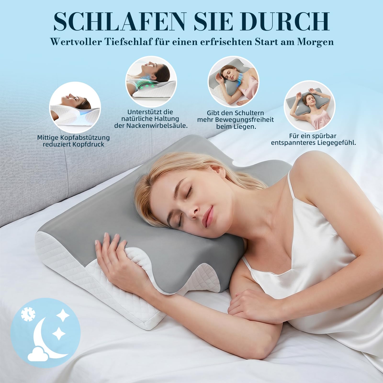 Ergonomisches Nackenstützkissen, Memory Foam, Mittelgrau