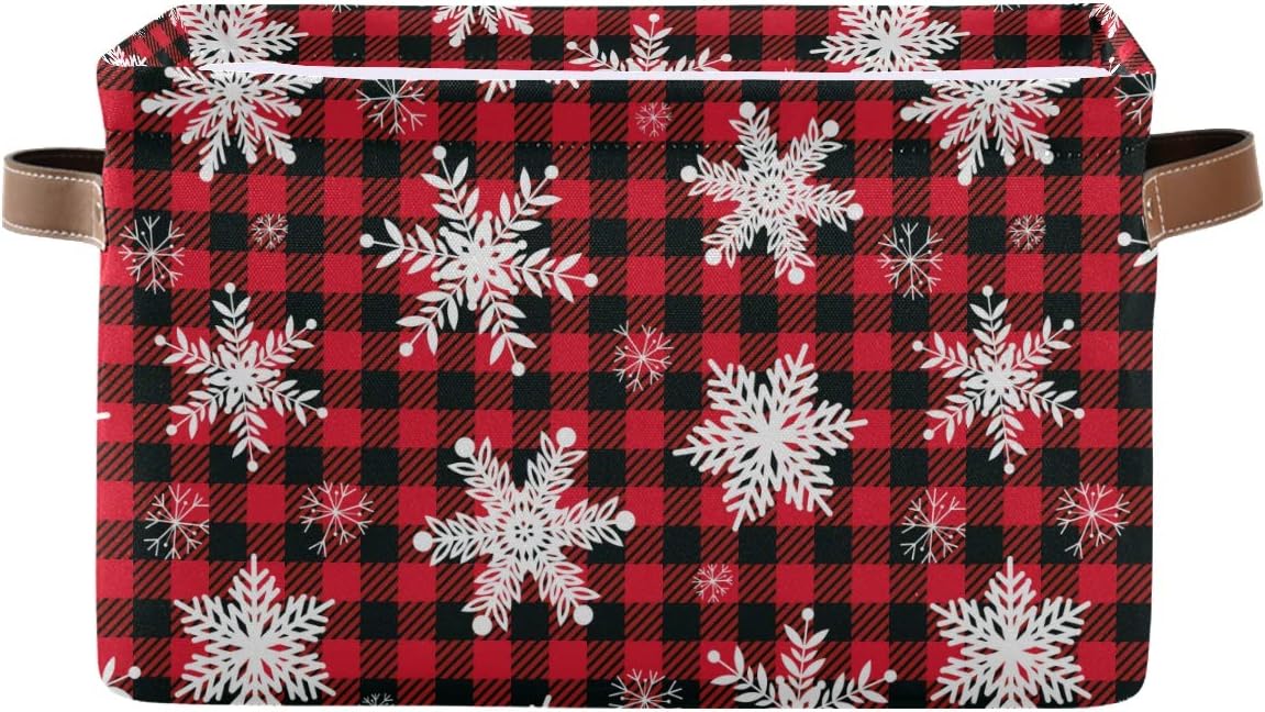 Storage Basket Cube Red Snowflake Christmas Plaid Large Collapsible Toys Storage Box Bin Laundry Organizer for Closet Shelf Nursery Kids Bedroom,15x11x9.5 in,1 Pack