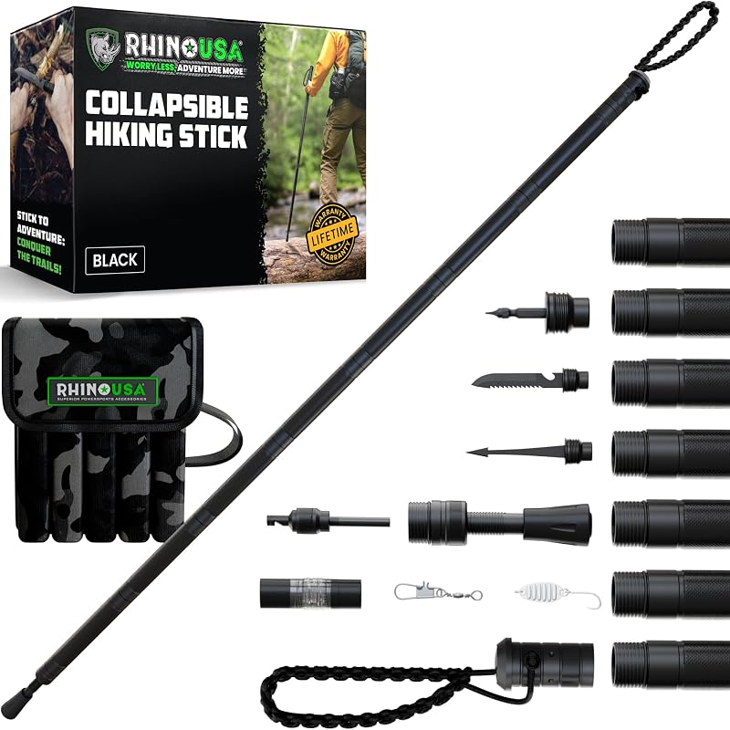 Rhino USA Bastón de senderismo de supervivencia multiherramienta - Bastón para caminar para acampar | Brújula y encendedor integrados. Personal multiherramienta de supervivencia para senderismo, acampada y mochilero.