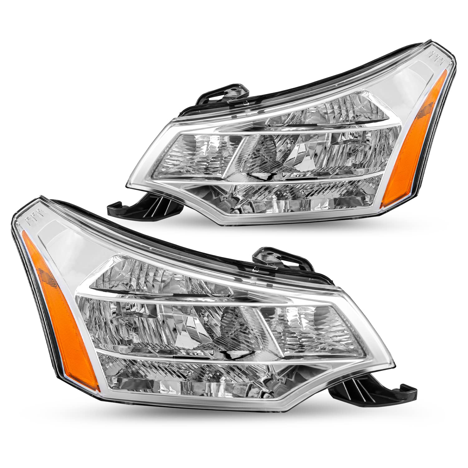 Drive Home Safely at Night: TUSDAR Headlight Assembly Set for 2008-2011 Ford Focus (Chrome Housing, Amber Reflector)