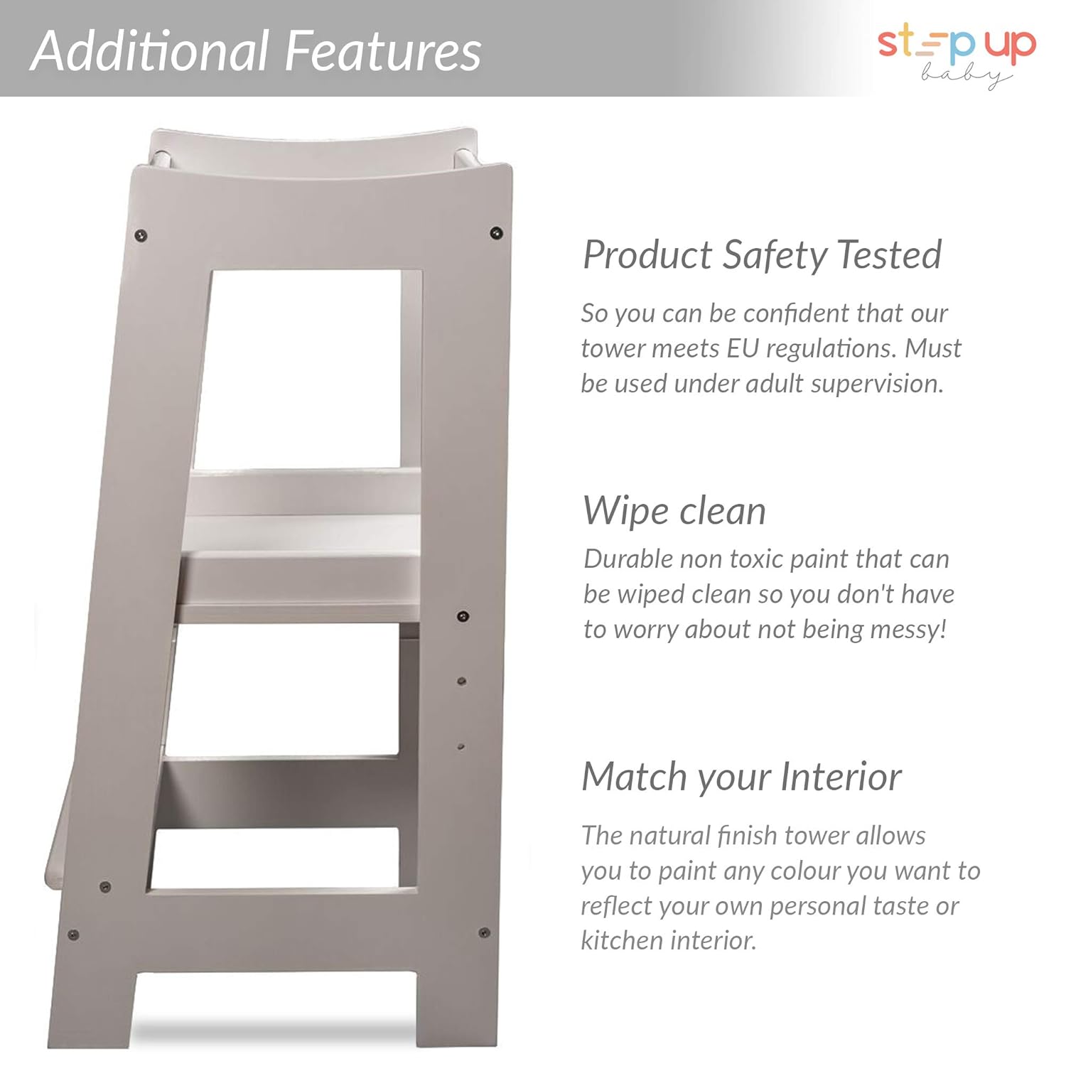 Stepup Baby Montessori Learning Toddler Tower Kitchen Wooden Helper, Adjustable Toddler Steps with Safety Rail, Solid Wood, White : Baby